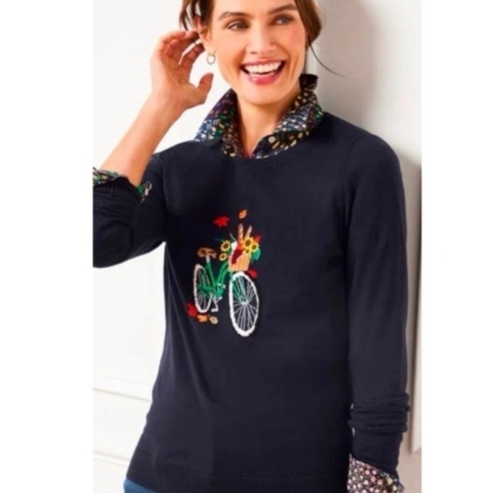 Talbots Womens XL Navy Blue‎ Bicycle Embroidery Cotton Blend Pullover Sweater